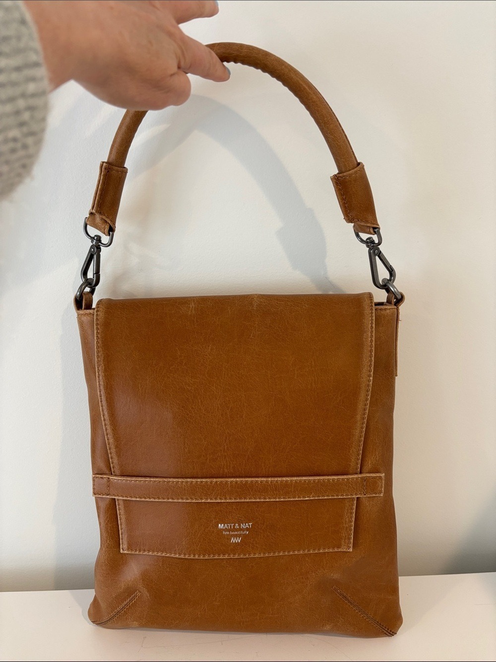 MATT & NAT envelope messenger bag satchel faux leather tan caramel colour